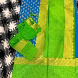 Vibrant Green and Blue Saree with Gold Accents saree Indian wedding